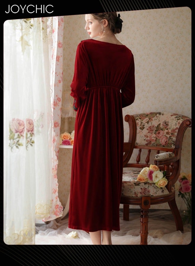 Joychic French Style Lace Collar Women Pajamas Autumn and Winter Long Nightgown Gold Velvet Fabric Thick Warm Loungewear Wine Red - Image 3