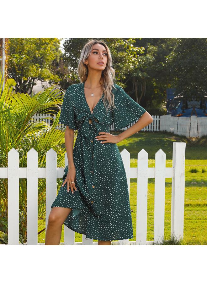 Summer New Women's French Polo Dot V-neck Hollow-out Lotus Leaf Sleeve Knot Dress
