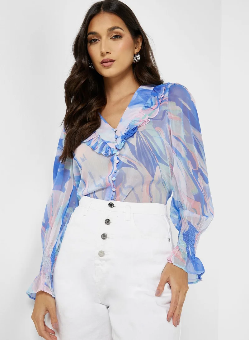French Connection Ruched Sleeve Frill Detail Top