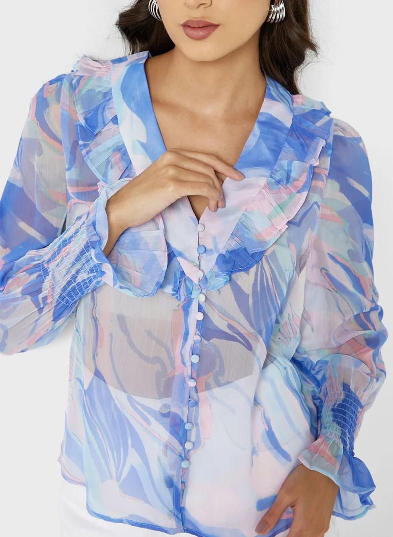 French Connection Ruched Sleeve Frill Detail Top