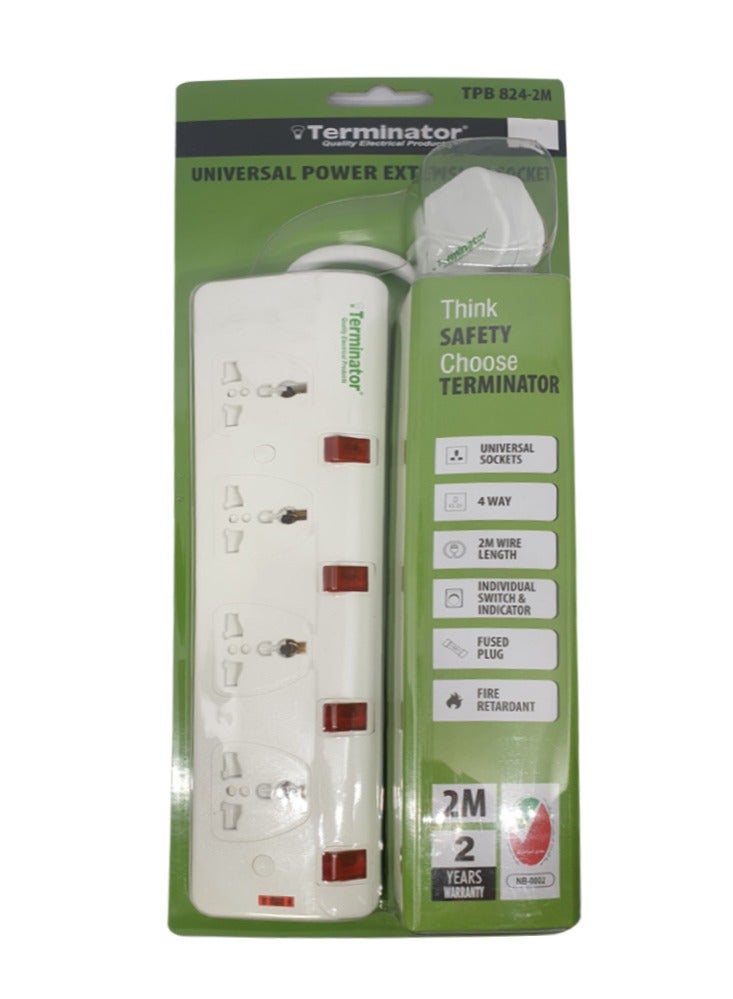 Terminator Universal Power Extension 4 Way Sockets 2Meter Cable - Image 1