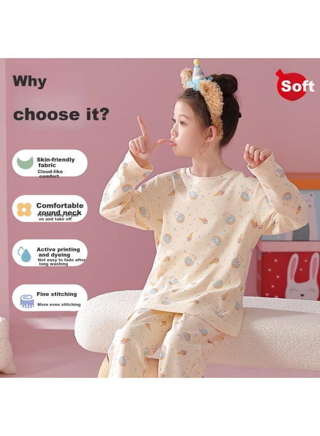 Red Bean Hongdou Children's Pure Cotton Pajama Set, Spring And Autumn Season, For Older Girls And Toddlers, Cute Round Neck Printed Loungewear Set - Image 3