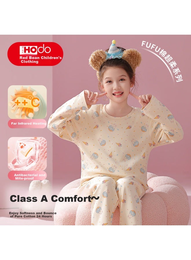 Red Bean Hongdou Children's Pure Cotton Pajama Set, Spring And Autumn Season, For Older Girls And Toddlers, Cute Round Neck Printed Loungewear Set - Image 1