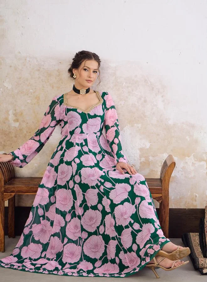 SASSAFRAS SASSAFRAS Green and Pink Floral Sweetheart Neck Anarkali Kurta