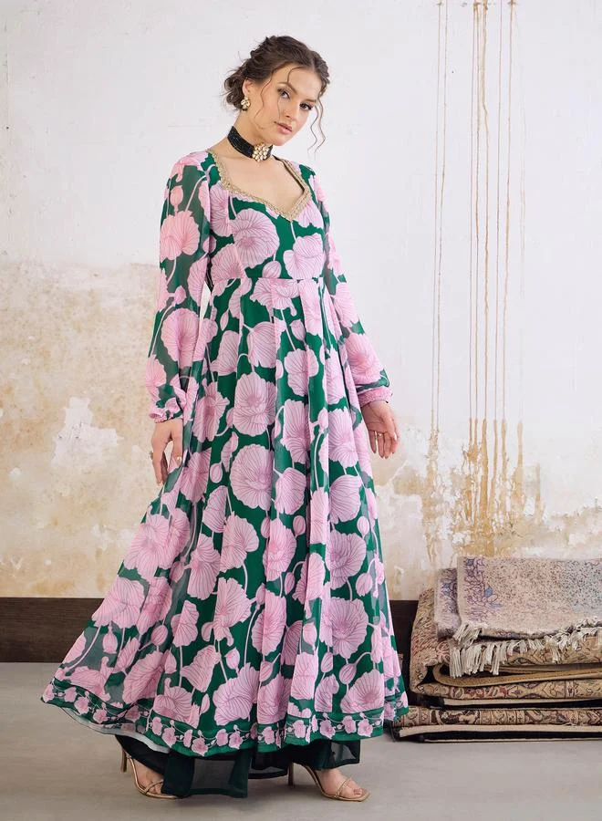 SASSAFRAS SASSAFRAS Green and Pink Floral Sweetheart Neck Anarkali Kurta