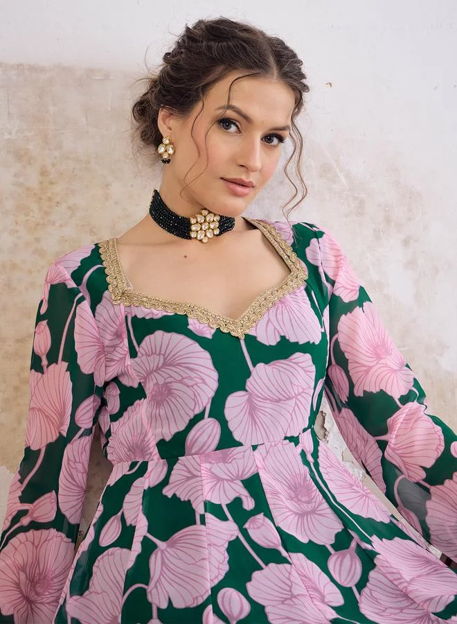 SASSAFRAS SASSAFRAS Green and Pink Floral Sweetheart Neck Anarkali Kurta