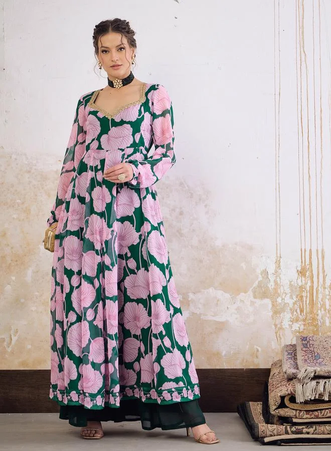 SASSAFRAS SASSAFRAS Green and Pink Floral Sweetheart Neck Anarkali Kurta