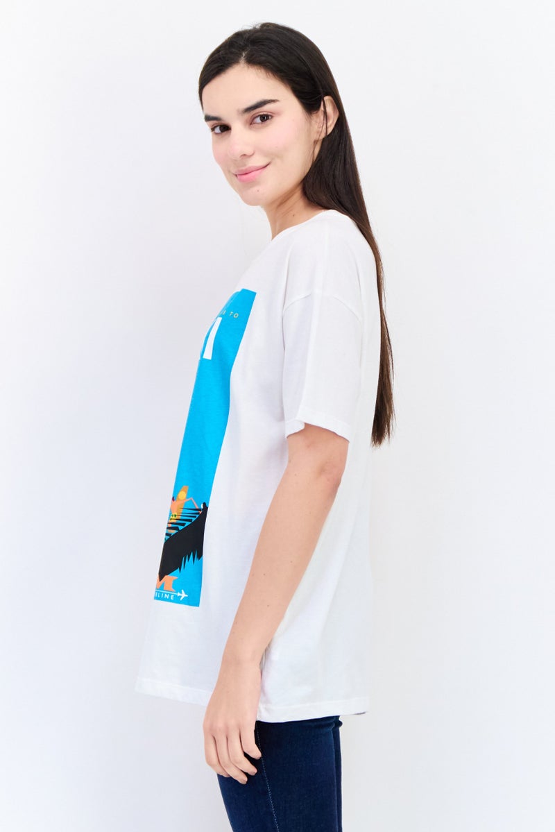 Pull & Bear Pan Am x Pull And Bear Women Crew Neck Short Sleeve Graphic T Shirt, White  - Image 2
