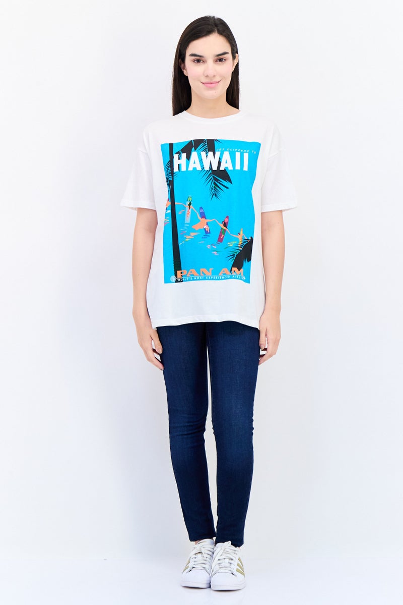 Pull & Bear Pan Am x Pull And Bear Women Crew Neck Short Sleeve Graphic T Shirt, White  - Image 4