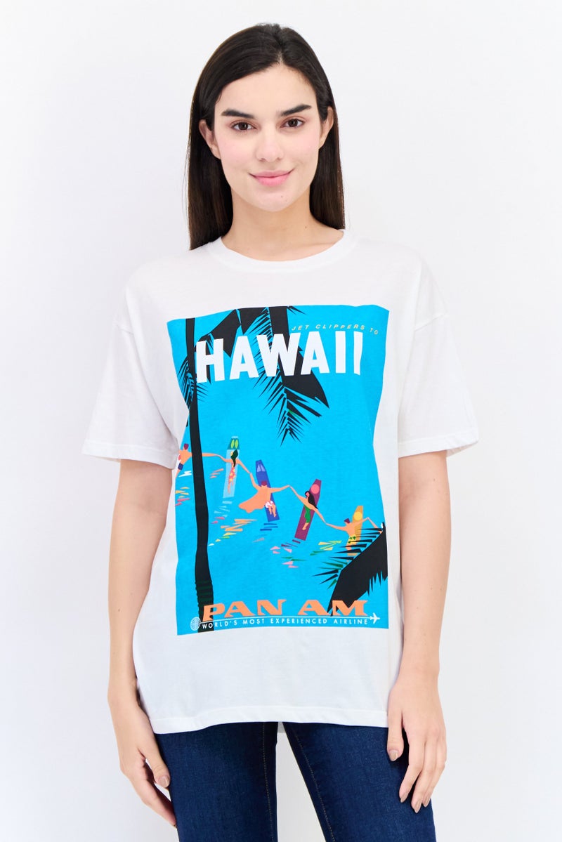 Pull & Bear Pan Am x Pull And Bear Women Crew Neck Short Sleeve Graphic T Shirt, White  - Image 1