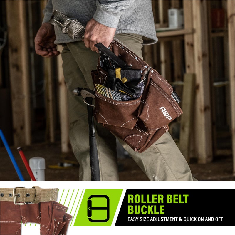 AWP Suede Leather General Construction Tool Pouch Apron | 11-Pocket Tool Organization Work Belt | Brown | Fits Up to 50" Waist Size - Image 3
