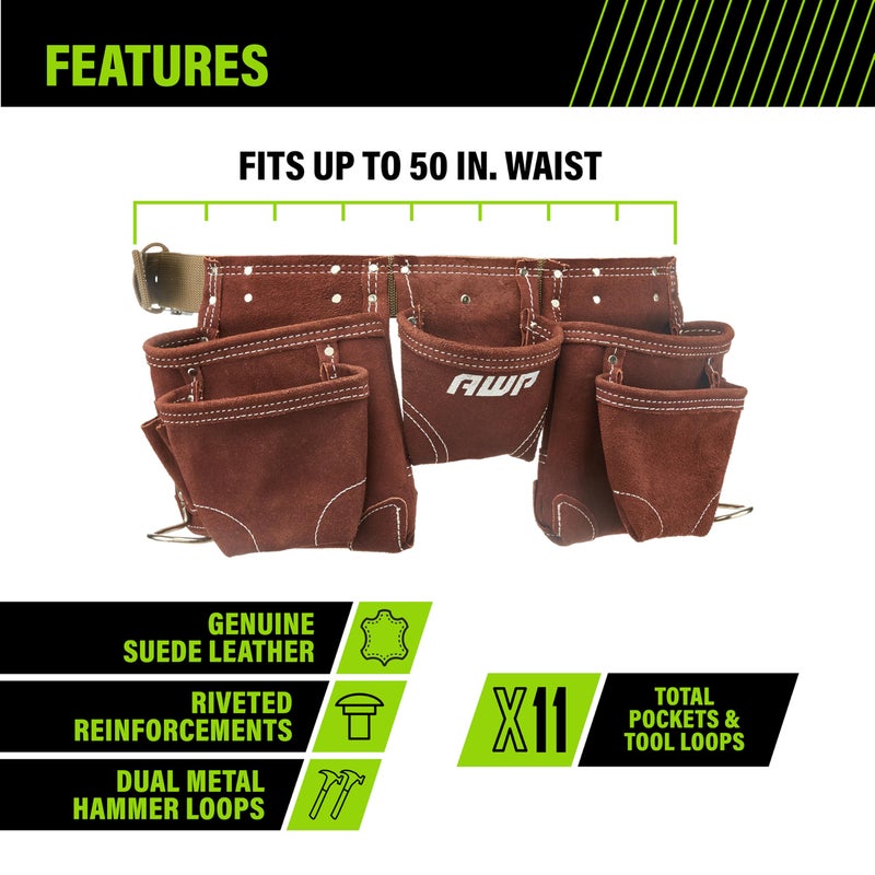 AWP Suede Leather General Construction Tool Pouch Apron | 11-Pocket Tool Organization Work Belt | Brown | Fits Up to 50" Waist Size - Image 2