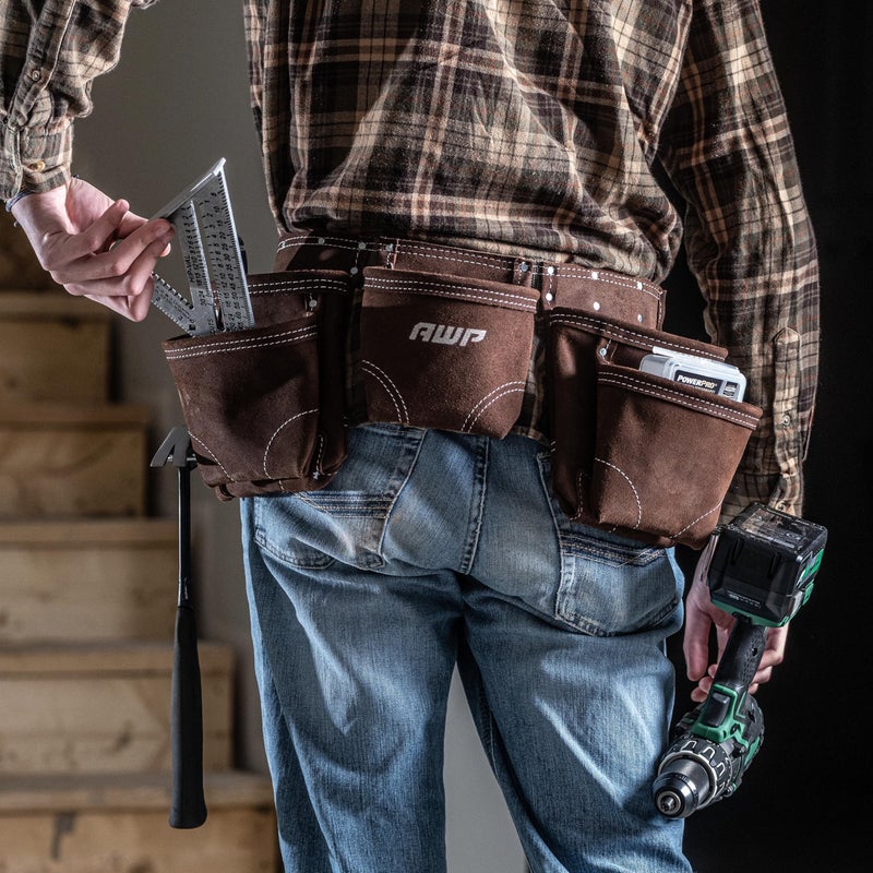 AWP Suede Leather General Construction Tool Pouch Apron | 11-Pocket Tool Organization Work Belt | Brown | Fits Up to 50" Waist Size - Image 5