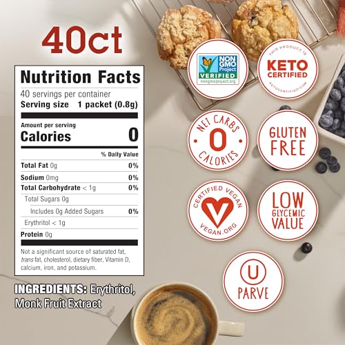 IN THE RAW MONK FRUIT IN THE RAW, Natural Monk Fruit Sweetener w/ Erythritol, Sugar-Free, Keto, Gluten Free, Zero Calorie, Low Carb, Vegan Sugar Substitute, 40 Count Packets (Pack of 1) - Image 4