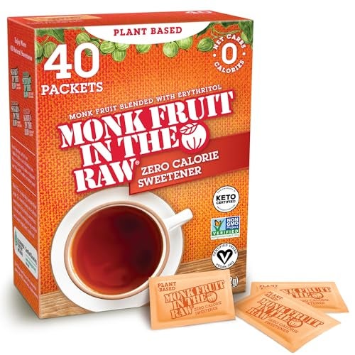 IN THE RAW MONK FRUIT IN THE RAW, Natural Monk Fruit Sweetener w/ Erythritol, Sugar-Free, Keto, Gluten Free, Zero Calorie, Low Carb, Vegan Sugar Substitute, 40 Count Packets (Pack of 1) - Image 1