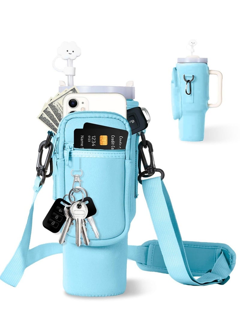 Stanley Water Bottle Carrier Bag for Stanley 40oz Tumbler, Water Bottle Holder with Pouch and Adjustable Strap, Sleeve Accessories with Pocket for 40oz Cup (Blue)  - Image 1
