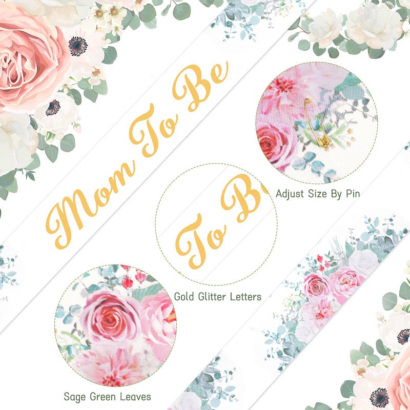 Mtlee 4 Pieces Pink Baby Shower Sash for Mommy and Daddy Mom to Be Sash Dad to Be Pin Flower Crown Headband Kit for Gender Reveals Baby Shower Decoration Party Favors for Pregnancy Props Gift (Flower Style) - Image 3