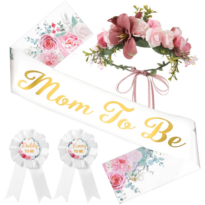 Mtlee 4 Pieces Pink Baby Shower Sash for Mommy and Daddy Mom to Be Sash Dad to Be Pin Flower Crown Headband Kit for Gender Reveals Baby Shower Decoration Party Favors for Pregnancy Props Gift (Flower Style) - Image 1