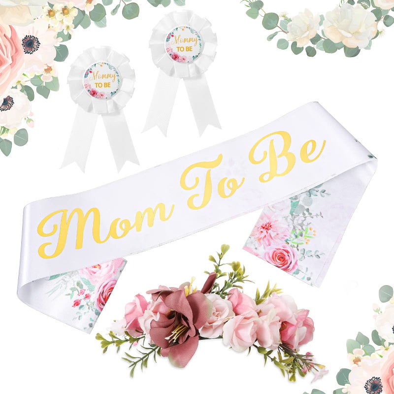 Mtlee 4 Pieces Pink Baby Shower Sash for Mommy and Daddy Mom to Be Sash Dad to Be Pin Flower Crown Headband Kit for Gender Reveals Baby Shower Decoration Party Favors for Pregnancy Props Gift (Flower Style) - Image 4