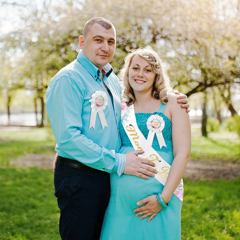 Mtlee 4 Pieces Pink Baby Shower Sash for Mommy and Daddy Mom to Be Sash Dad to Be Pin Flower Crown Headband Kit for Gender Reveals Baby Shower Decoration Party Favors for Pregnancy Props Gift (Flower Style) - Image 5