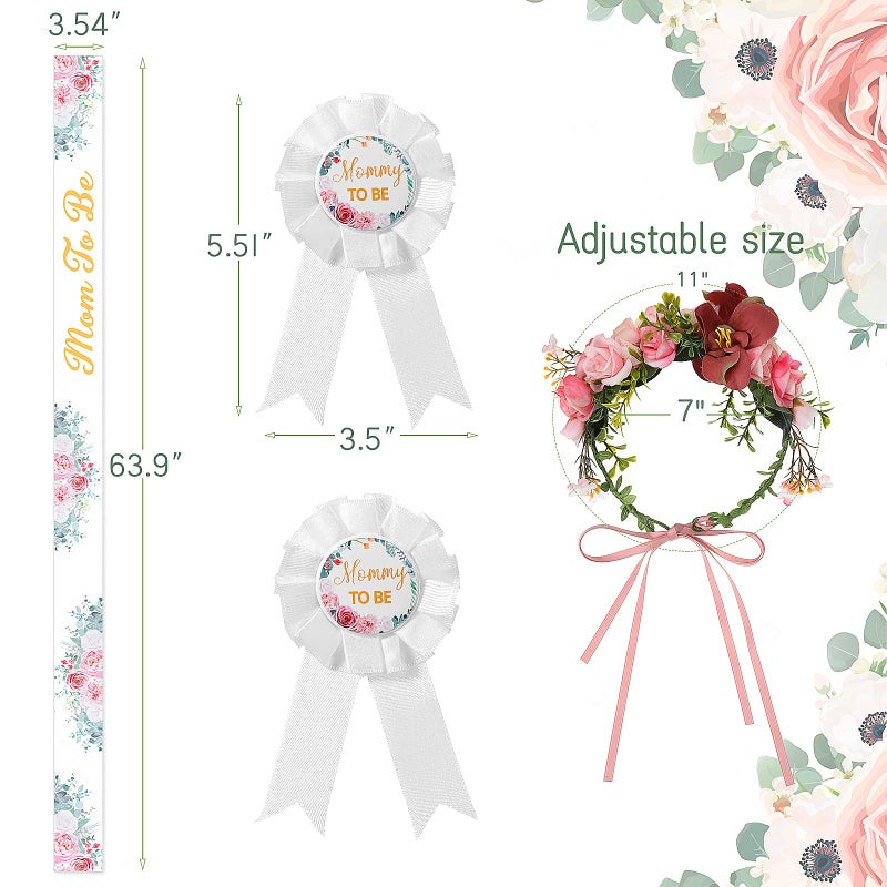 Mtlee 4 Pieces Pink Baby Shower Sash for Mommy and Daddy Mom to Be Sash Dad to Be Pin Flower Crown Headband Kit for Gender Reveals Baby Shower Decoration Party Favors for Pregnancy Props Gift (Flower Style) - Image 2