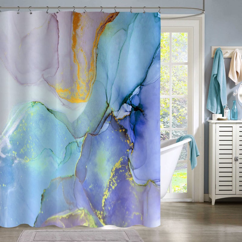 Gibelle Colorful Marble Shower Curtain, Abstract Blue Purple Jade Texture Gold Stripes Ombre Modern Ink Art Decor Waterproof Fabric Curtain for Bathroom Set, 72 x 72 - Image 1