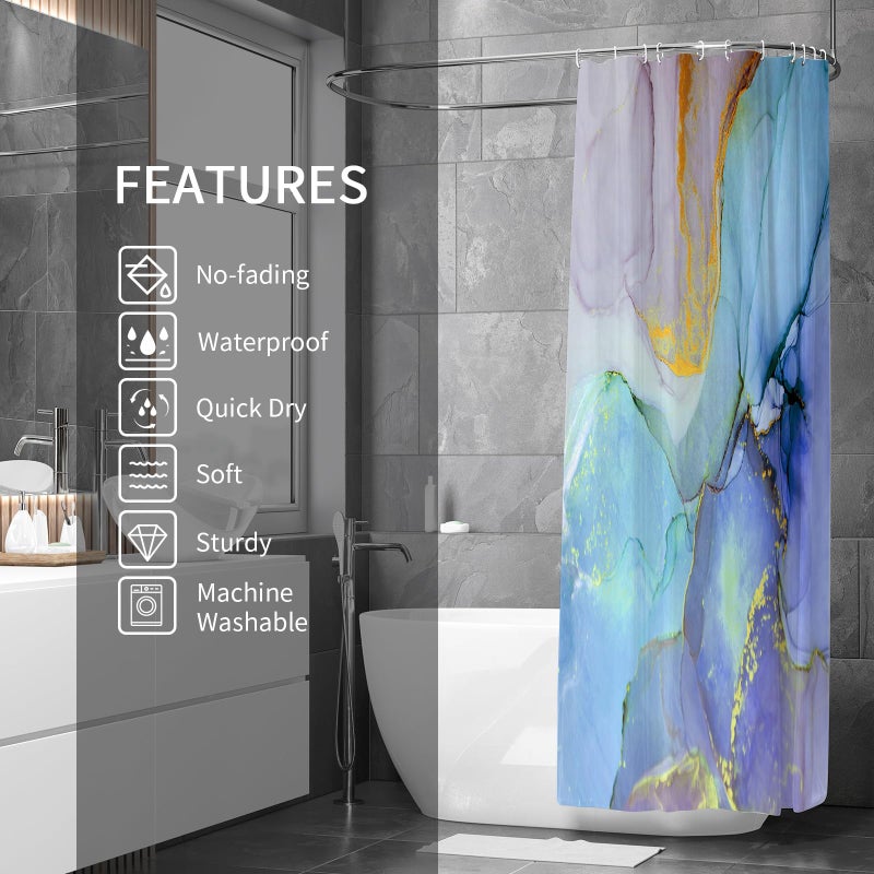 Gibelle Colorful Marble Shower Curtain, Abstract Blue Purple Jade Texture Gold Stripes Ombre Modern Ink Art Decor Waterproof Fabric Curtain for Bathroom Set, 72 x 72 - Image 2