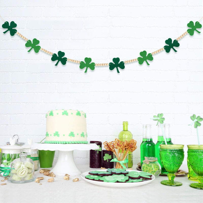 LIGHOON St Patricks Day Garland, Shamrock Clover Garland, Felt Shamrock Banner with Wooden Beads for St Patricks Day Decorations - Image 1