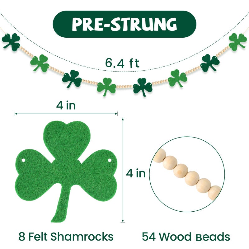 LIGHOON St Patricks Day Garland, Shamrock Clover Garland, Felt Shamrock Banner with Wooden Beads for St Patricks Day Decorations - Image 3