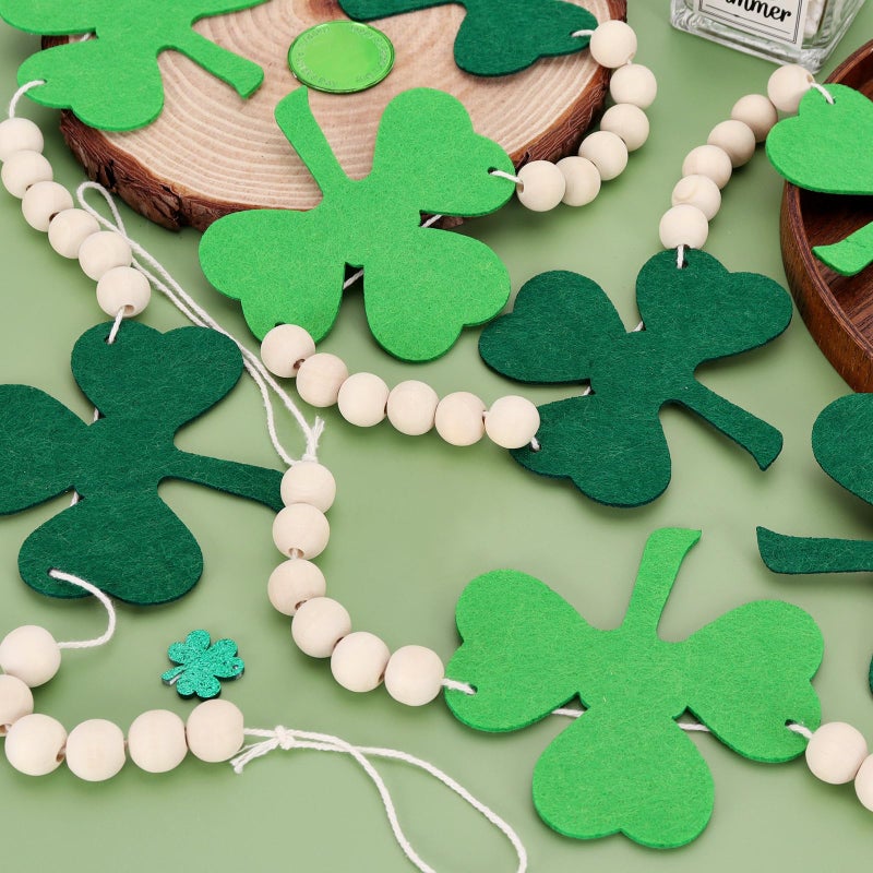 LIGHOON St Patricks Day Garland, Shamrock Clover Garland, Felt Shamrock Banner with Wooden Beads for St Patricks Day Decorations - Image 2