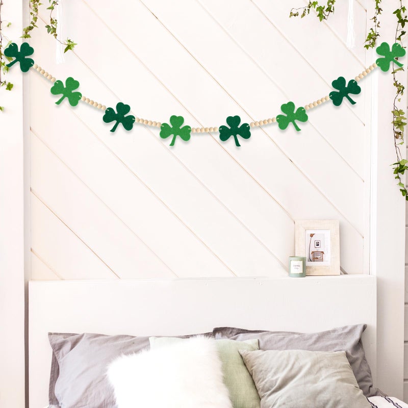 LIGHOON St Patricks Day Garland, Shamrock Clover Garland, Felt Shamrock Banner with Wooden Beads for St Patricks Day Decorations - Image 5