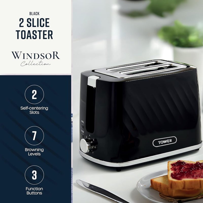 Tower محماصة ويندسور 2 شريحة مع فتحات ذاتية التمركز، 7 مستويات تحمير، 800 واط تسخين سريع، إعادة تسخين وتجمد، إيقاف تلقائي، صينية فتات قابلة للإزالة، تصميم بريطاني، ضمان لمدة 2 سنة - Image 2