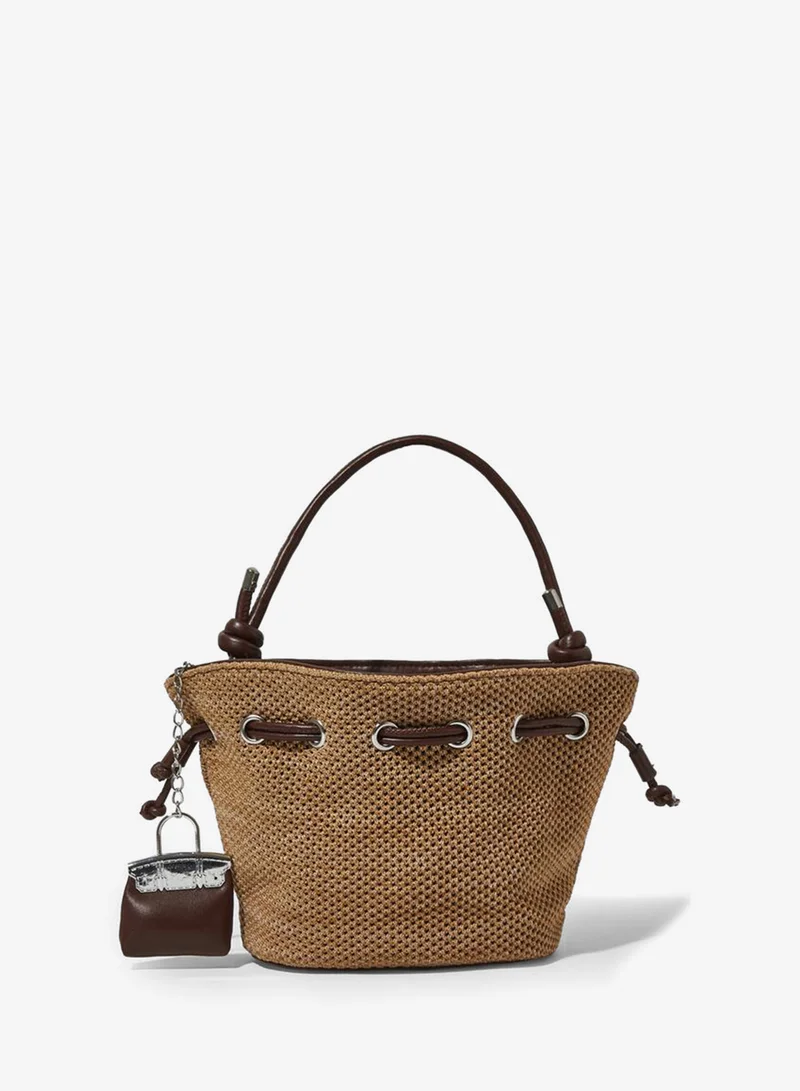 Styli Khaki Woven Bucket Shoulder Bag With Mini Pouch