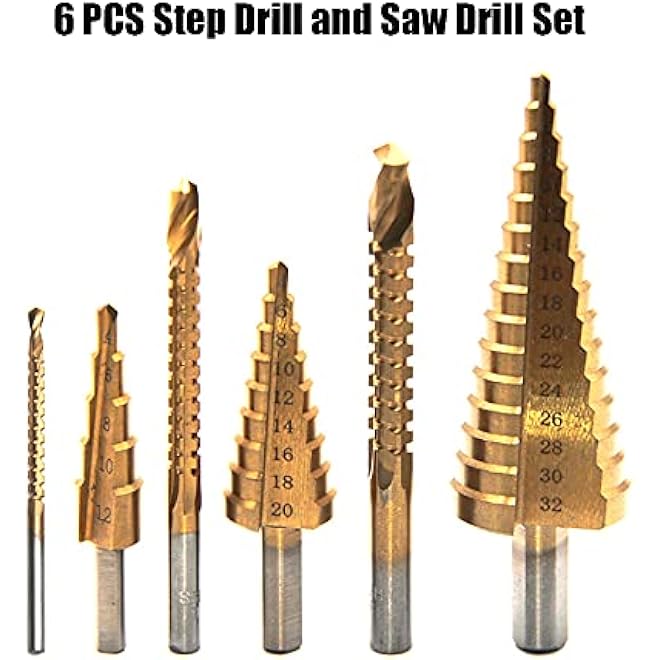 6 PCS Step Drill Bit and Saw Drill Set HSS Drill Bits for Sheet Aluminum Iron Metal Stainless Steel Wood Hole Drilling Expanding Multifunction Spiral Grooved Step Drill for Woodworking Industr - Image 5