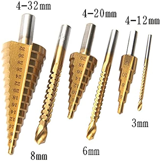 6 PCS Step Drill Bit and Saw Drill Set HSS Drill Bits for Sheet Aluminum Iron Metal Stainless Steel Wood Hole Drilling Expanding Multifunction Spiral Grooved Step Drill for Woodworking Industr - Image 1