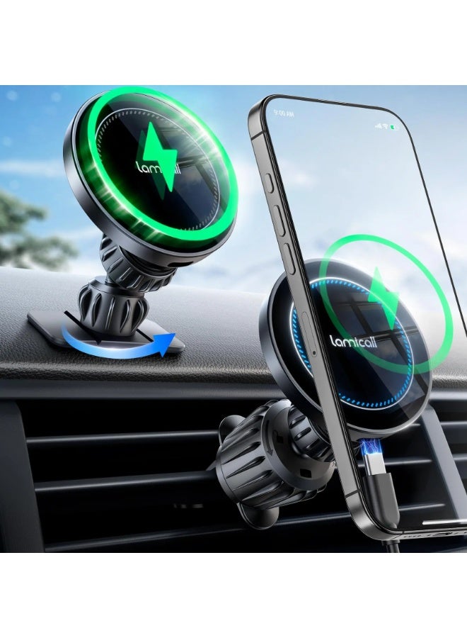 لاميكول حامل هاتف سيارة شحن لاسلكي مغناطيسي، قاعدة شفط قوية دوران 360 درجة، شحن سريع 15 وات متوافق مع هواتف ماج سيف، للوحة القيادة والزجاج الأمامي وفتحات التهوية - Image 2