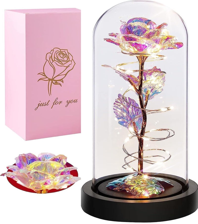 Generic Plastic Rose Flower Gift, Rainbow Forever Rose in Glass Dome, Rose Light Up Flower, Personalized Gifts for Mom, Sisters, Friend, Women, Valentine's Day, Birthday, Wedding(Multi-Colour)  - Image 1