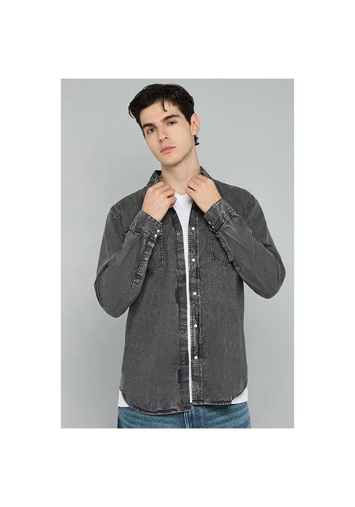 أر أند بي Washed Denim Shirt with Classic Collar and Long Sleeves