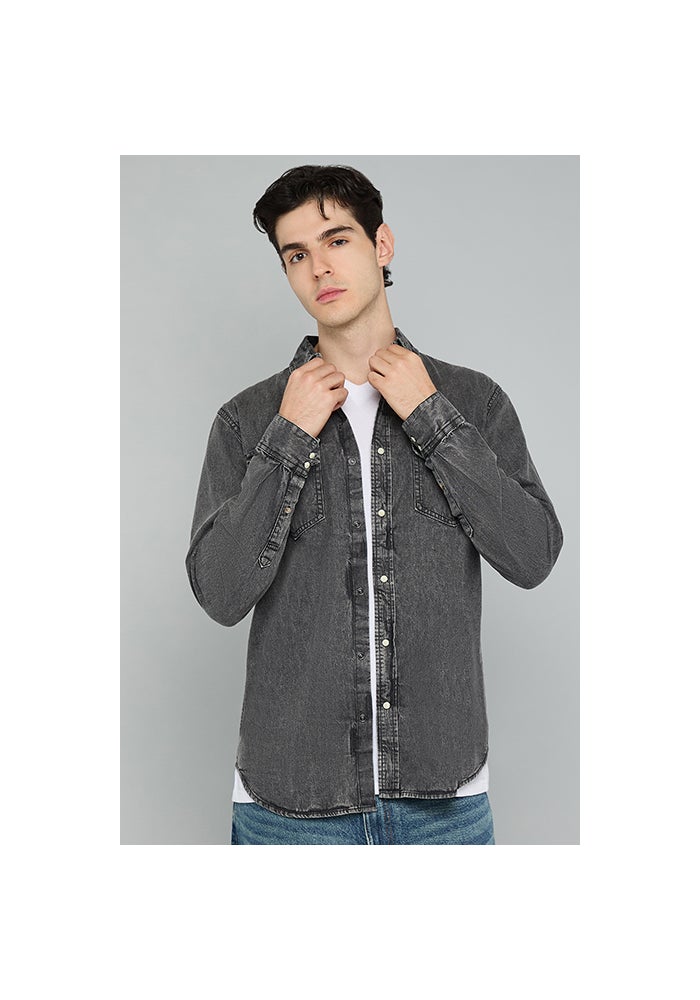 R&B Washed Denim Shirt with Classic Collar and Long Sleeves - Image 1