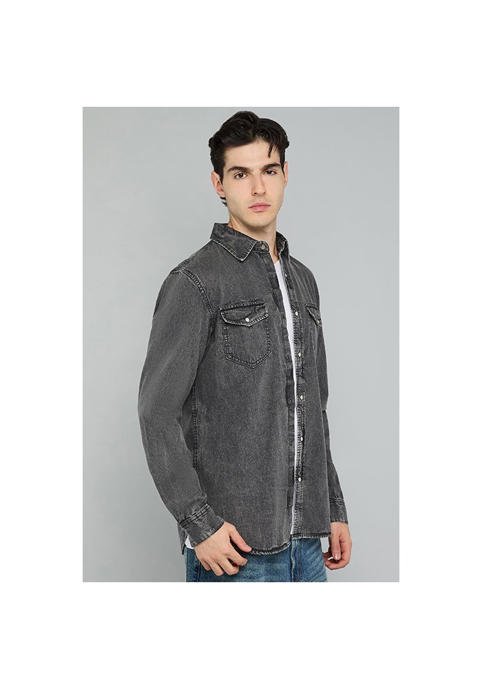 R&B Washed Denim Shirt with Classic Collar and Long Sleeves - Image 4