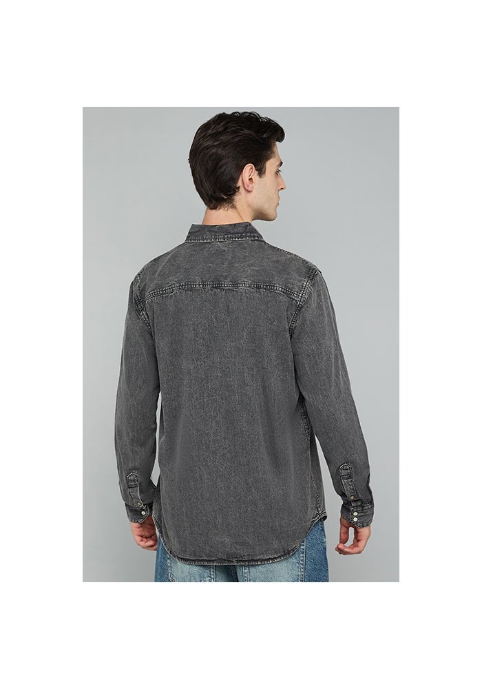 R&B Washed Denim Shirt with Classic Collar and Long Sleeves - Image 5