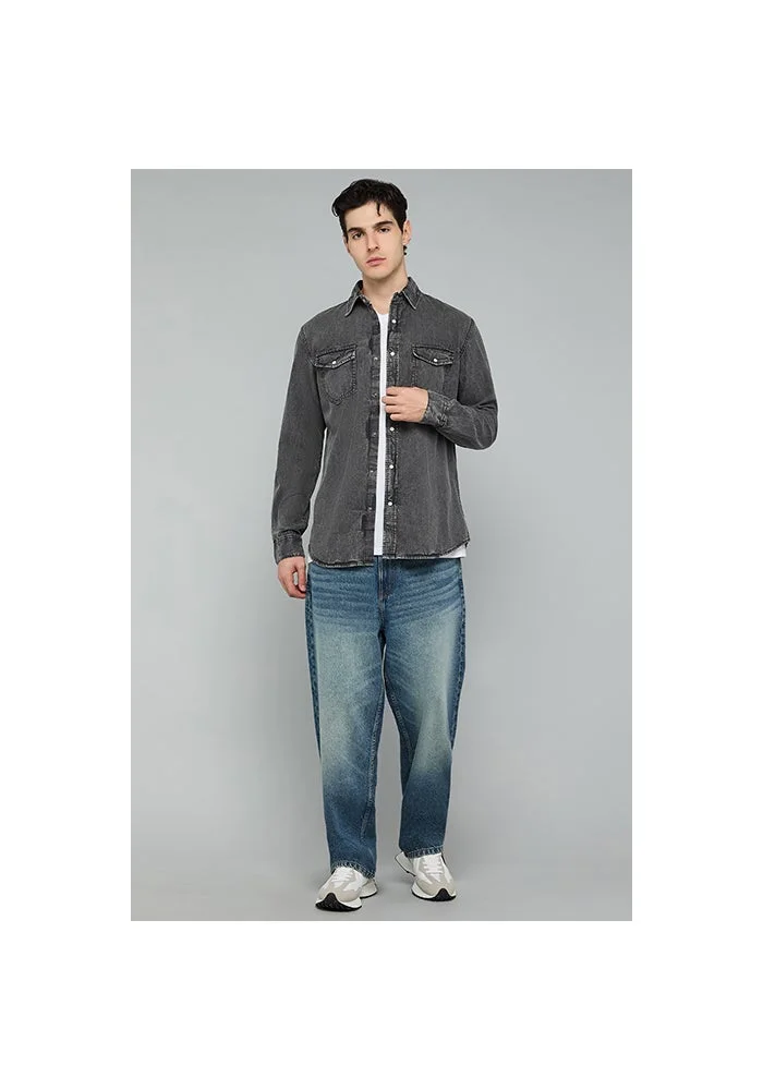 أر أند بي Washed Denim Shirt with Classic Collar and Long Sleeves