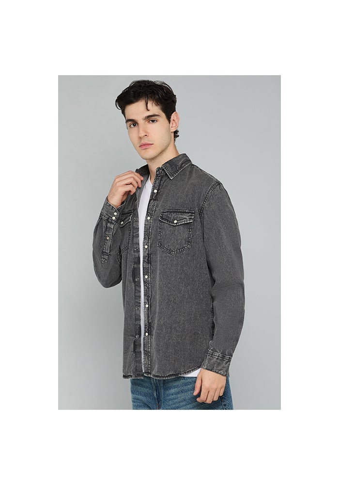 R&B Washed Denim Shirt with Classic Collar and Long Sleeves - Image 3