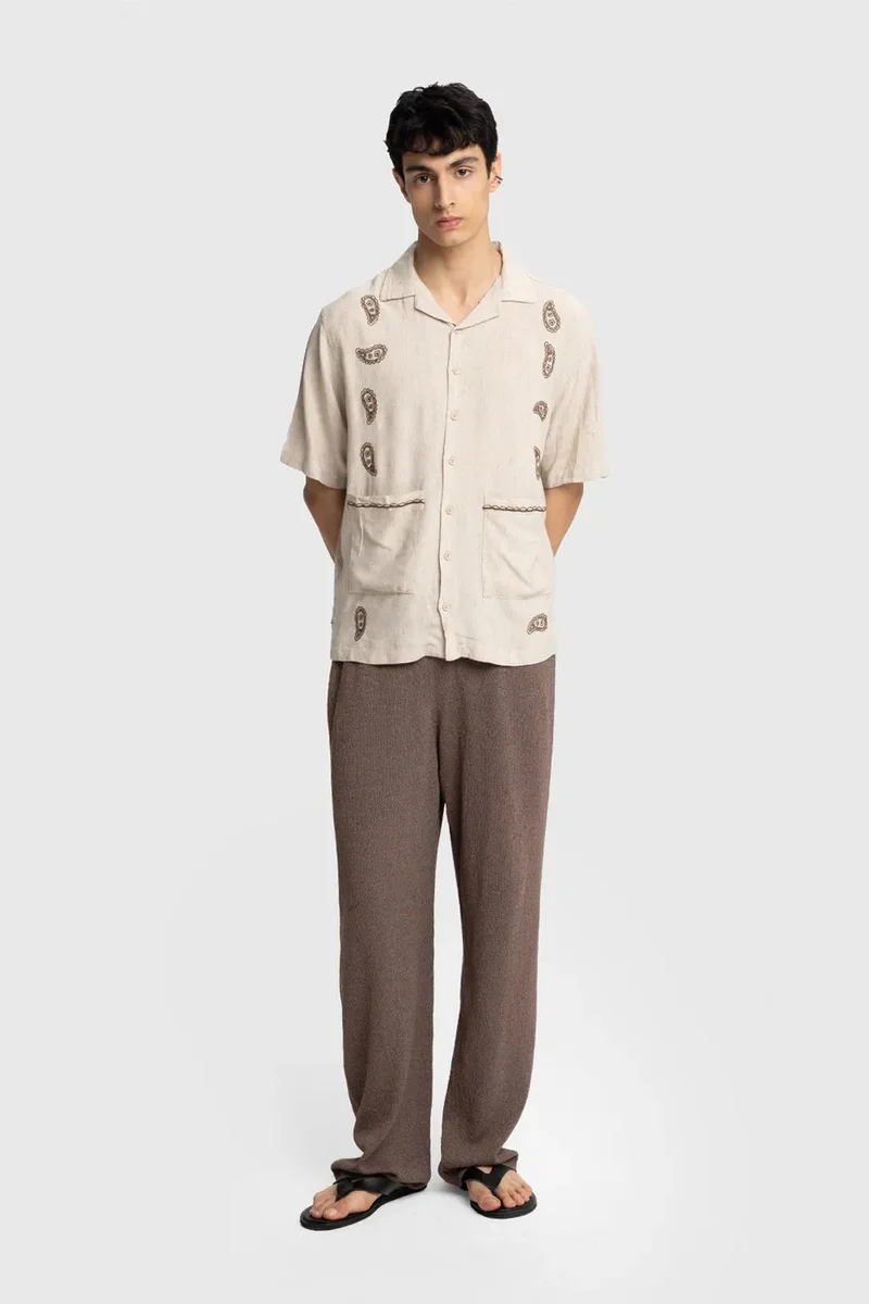 Giesto Oatmeal Natural GIESTO Men's Cotton Embroidered Poplin Short Sleeve Shirt for Men | Best Price UAE