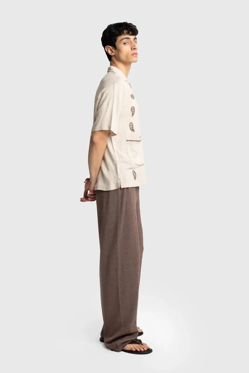 Giesto Oatmeal Natural GIESTO Men's Cotton Embroidered Poplin Short Sleeve Shirt for Men | Best Price UAE