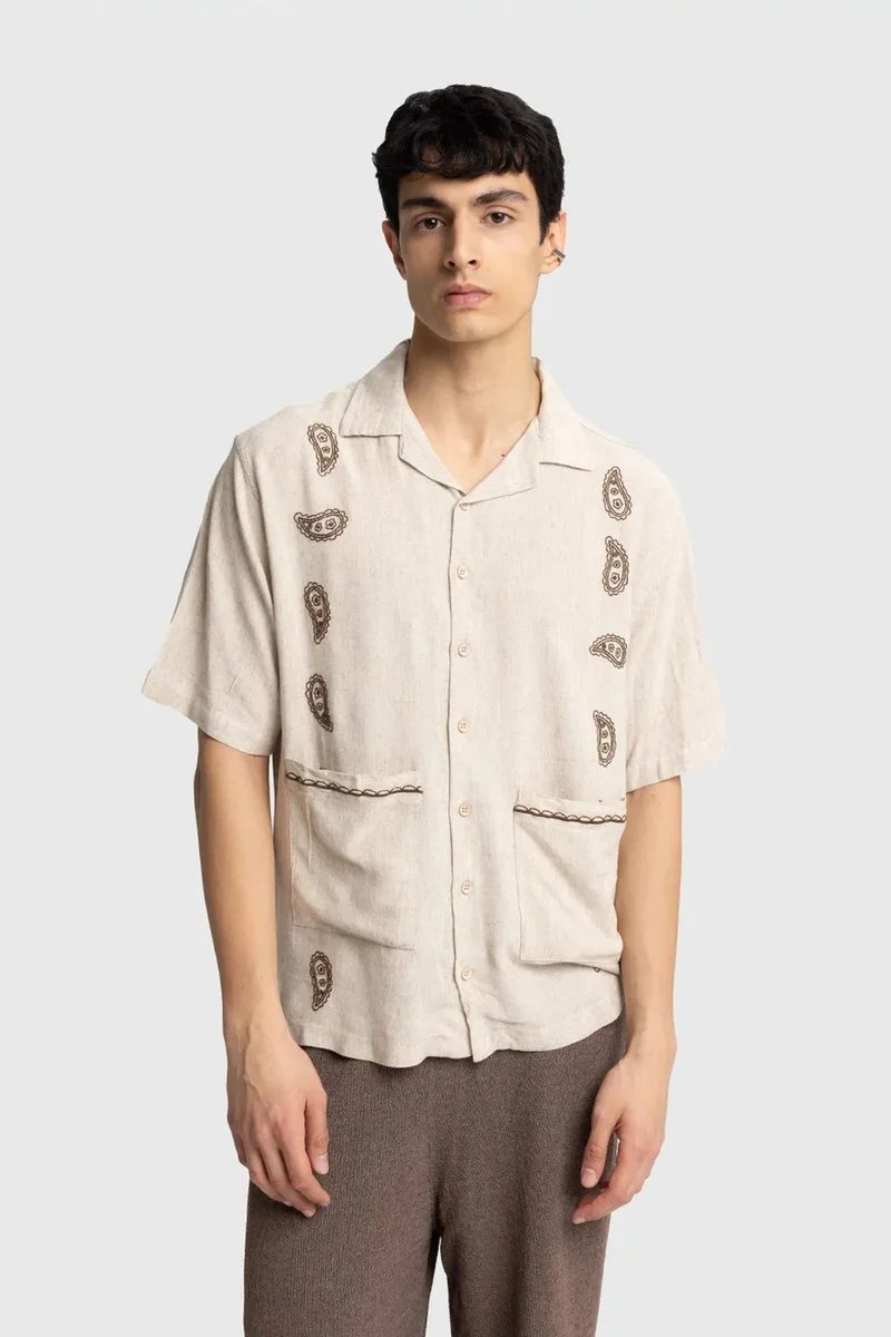 GIESTO Men's Cotton Embroidered Poplin Short Sleeve Shirt