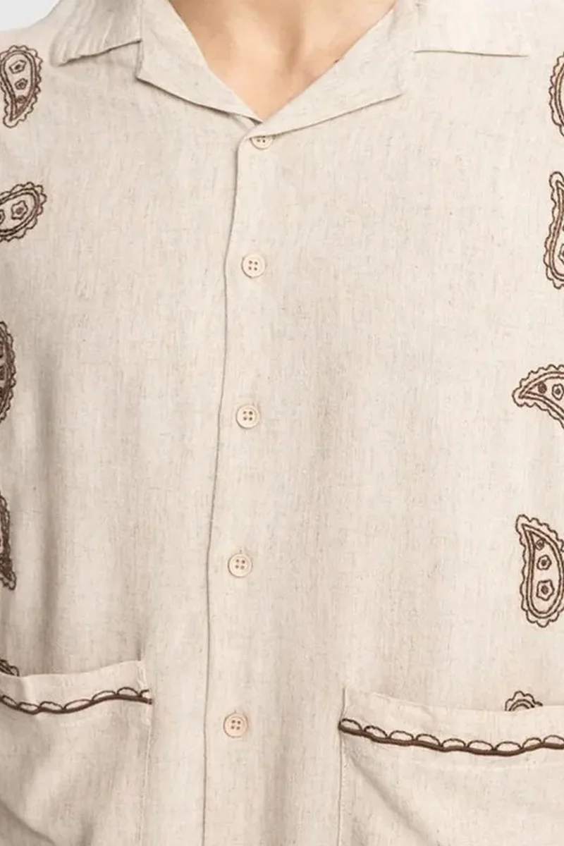Giesto Oatmeal Natural GIESTO Men's Cotton Embroidered Poplin Short Sleeve Shirt for Men | Best Price UAE
