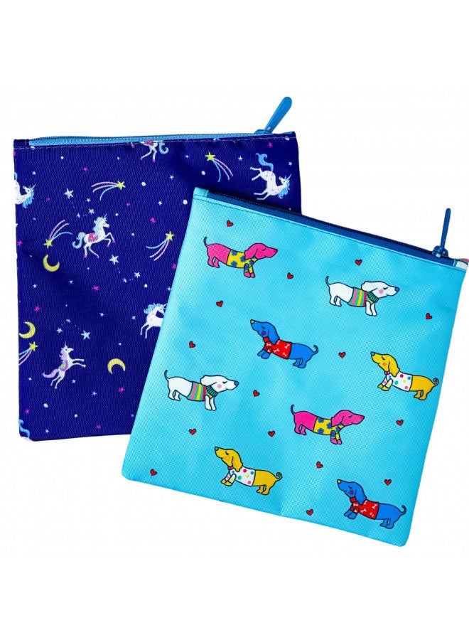 Yumbox Yumbox Insulated Reusable Fabric Sandwich Bag/Snack Bag, Zip Closure, Wide Opening, Washable, Food Safe, BPA Free, 8x8 in. Unicorns & Woof (2-Pack) - Image 1