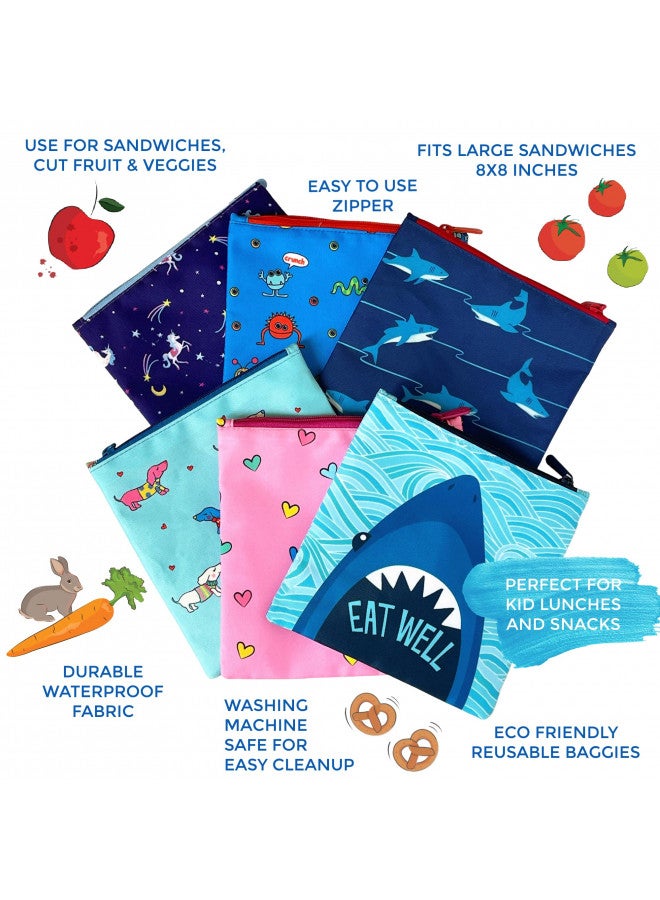 Yumbox Yumbox Insulated Reusable Fabric Sandwich Bag/Snack Bag, Zip Closure, Wide Opening, Washable, Food Safe, BPA Free, 8x8 in. Unicorns & Woof (2-Pack) - Image 2