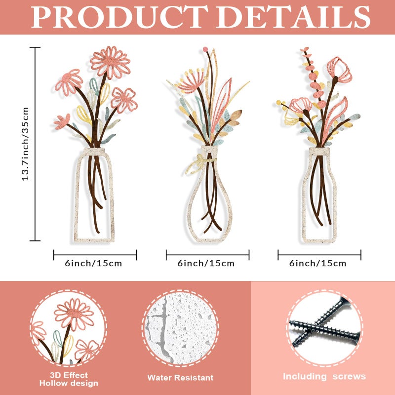 Pigort 3 Pieces Metal Flowers Wall Arts - Rustic Farmhouse Style DÃ©cor Metal Wall Art Black Minimalist Flower Natural Themed Wall Decors for Home Bedroom Dining Room Housewarming (Pink Beige) - Image 2